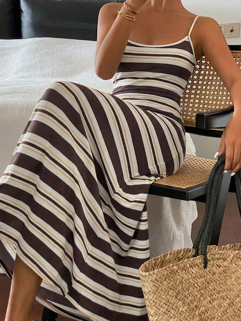 Khaki Casual Women's Striped Beach Vacation Dress